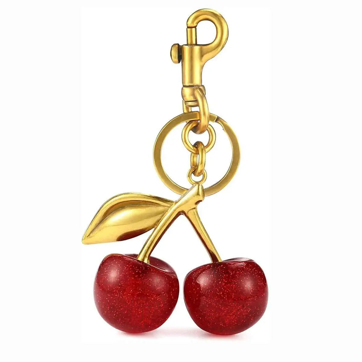 Gold-toned zinc alloy keychain with glossy cherry design and glittery leaf attached to ring and clasp for trend den Red
