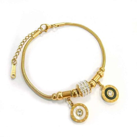 Gold shell charm bracelet with gold-toned titanium steel snake chain adorned with crystal bead and roman numeral charms