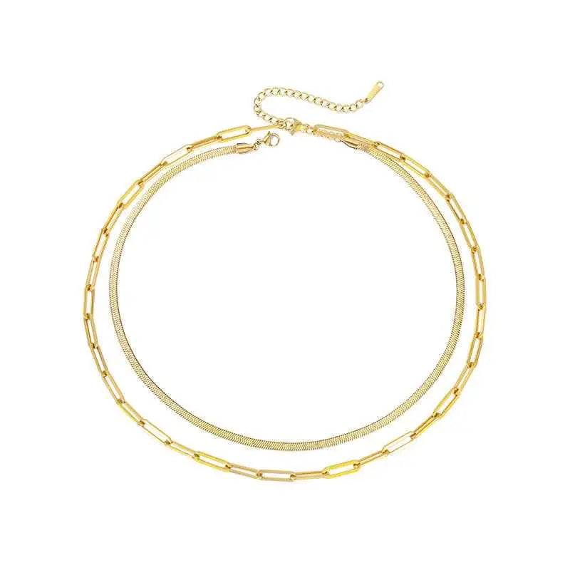 Gold u-shape chain necklace 42cm with bold paperclip and delicate snake stainless steel 14k gold chain necklace Gold