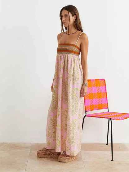 Pink graffiti printed large swing dress with gold botanical print and multicolored embroidered waist band