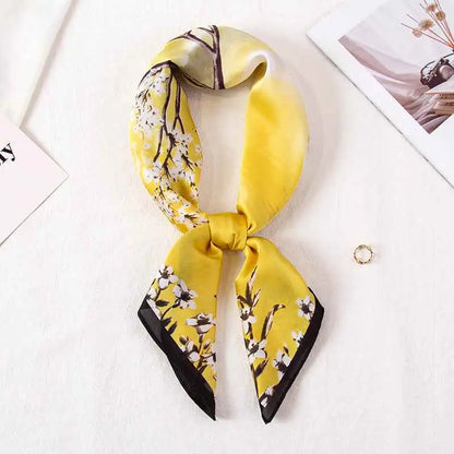 High-end 90cm floral yellow silk scarf with delicate white and black floral pattern and solid black edges Branch Small Flower Yellow