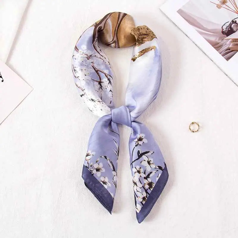 High-end 90cm floral lavender silk scarf with subtle white blossoms dark stems and gold-toned edges from trend den Branches Small Flowers Blue