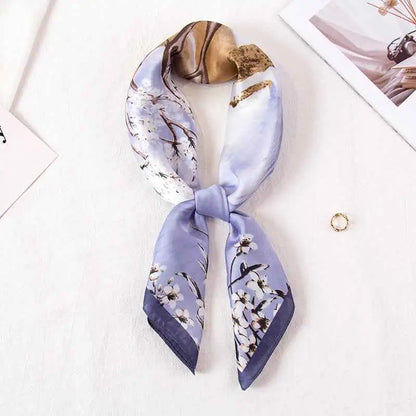High-end 90cm floral lavender silk scarf with subtle white blossoms dark stems and gold-toned edges from trend den Branches Small Flowers Blue