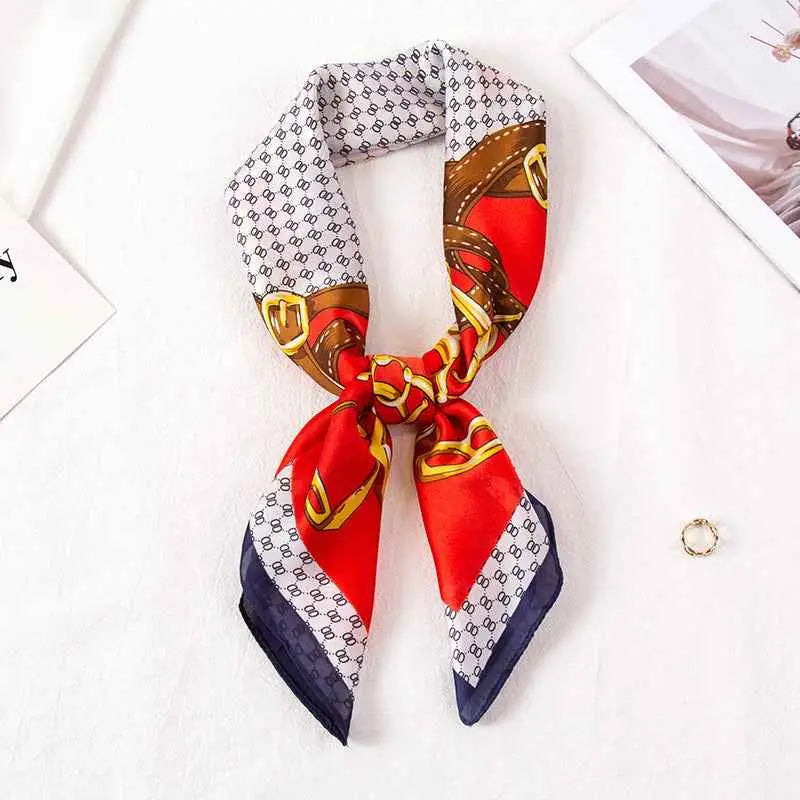 High-end 90cm floral silk feel scarf in vibrant red white and navy with gold chains and brown leather strap pattern Scarf Buckle Red