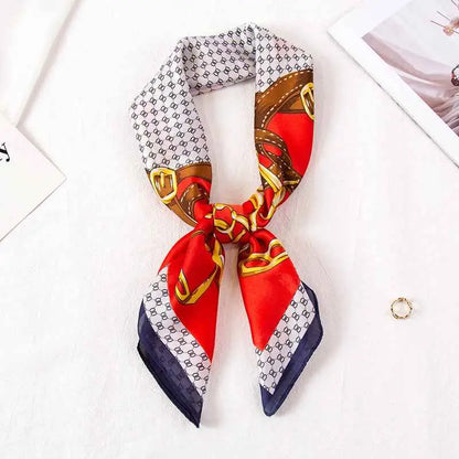 High-end 90cm floral silk feel scarf in vibrant red white and navy with gold chains and brown leather strap pattern Scarf Buckle Red