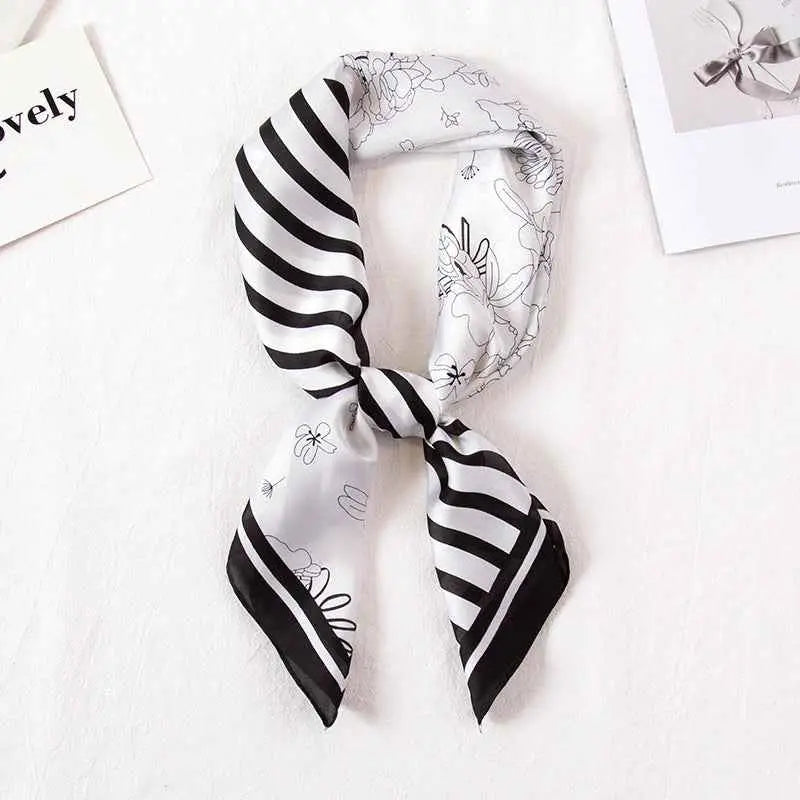 High-end 90cm floral black and white striped silk scarf with delicate floral line art tied in a neat knot Striped Flower Black And White