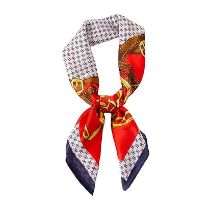 High-end 90cm floral silk feel scarf in vibrant red and navy with gold buckles and brown leather strap pattern