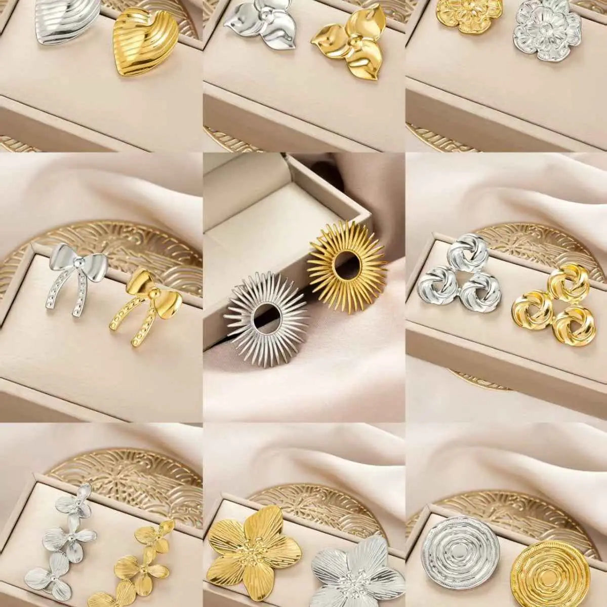 Ins Style gold fashion earring collection with affordable luxury studs in gold and silver designs including hearts and flowers