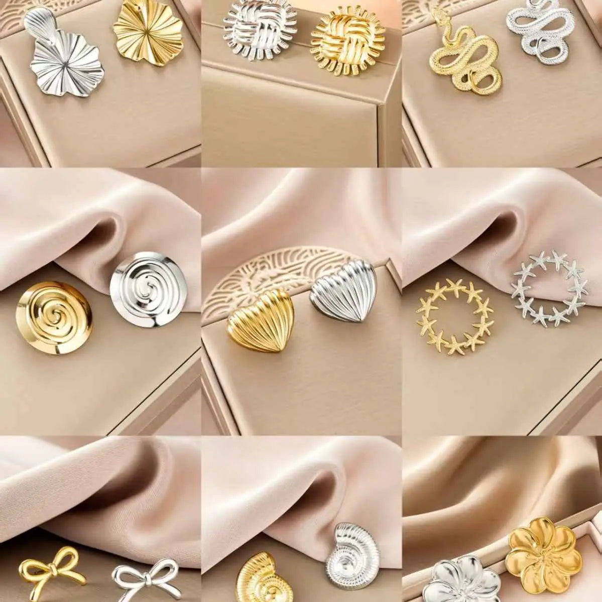 Ins style gold fashion earring collection featuring affordable luxury gold and silver metallic studs in intricate designs