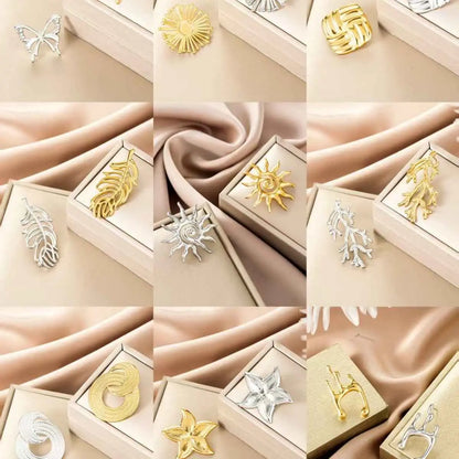 Ins style gold fashion earring collection featuring gold and silver metallic brooches with intricate butterfly and floral designs