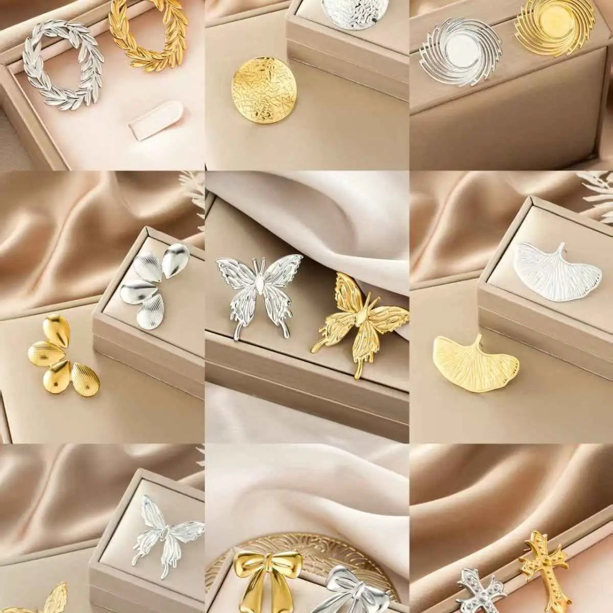 Gold and silver metallic butterfly-shaped brooches with intricate wing detailing from ins style gold fashion earring collection affordable luxury