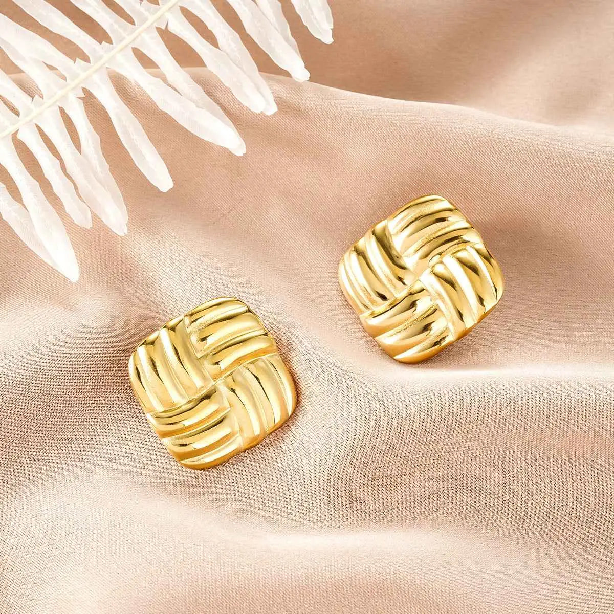 Ins style gold fashion earring collection featuring gold-colored square stud earrings with a woven textured design Style 12