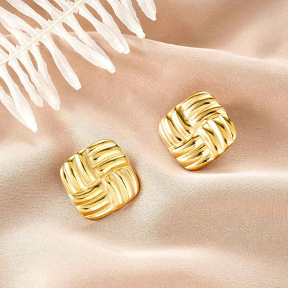 Ins style gold fashion earring collection featuring gold-colored square stud earrings with a woven textured design Style 12