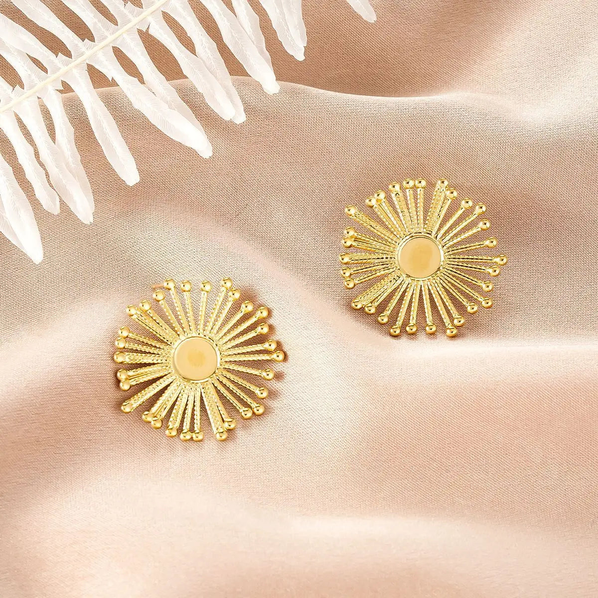 Ins style gold fashion earring collection featuring affordable luxury golden sunburst stud earrings with amber center Style 16
