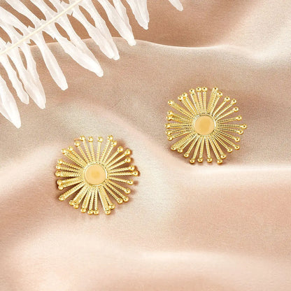 Ins style gold fashion earring collection featuring affordable luxury golden sunburst stud earrings with amber center Style 16