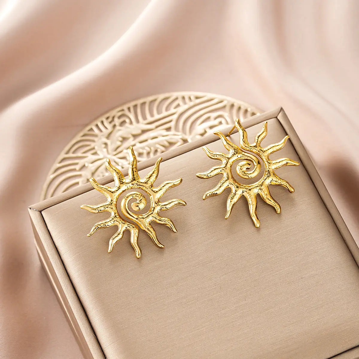 Ins Style gold fashion earring collection featuring affordable luxury sun-shaped stud earrings with intricate spiral centers Style 2