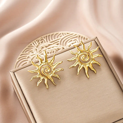 Ins Style gold fashion earring collection featuring affordable luxury sun-shaped stud earrings with intricate spiral centers Style 2