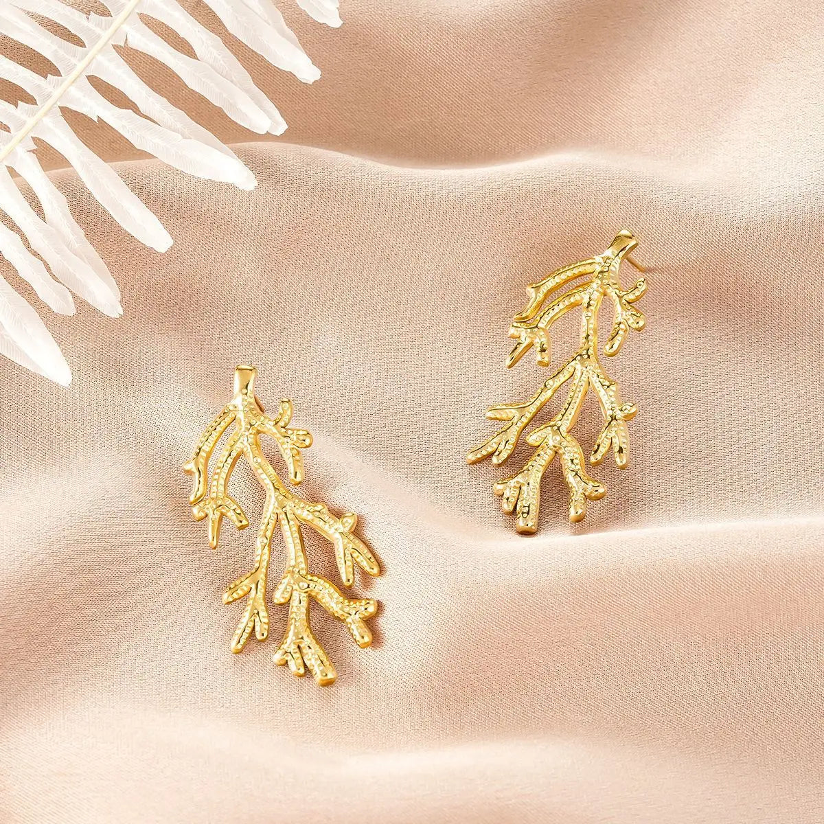 Ins style gold fashion earring collection featuring gold-colored coral branch earrings with intricate textured detailing Style 25