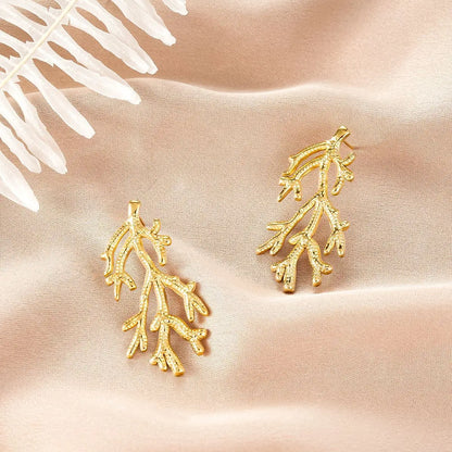 Ins style gold fashion earring collection featuring gold-colored coral branch earrings with intricate textured detailing Style 25