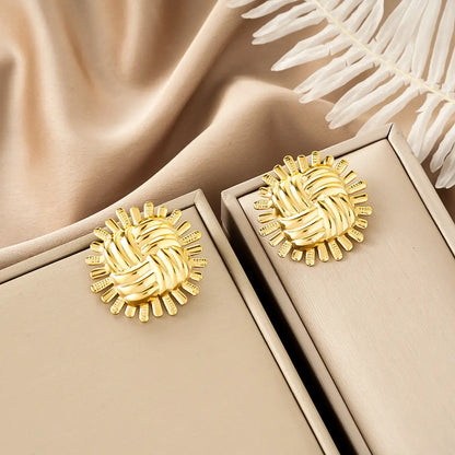 Ins Style gold fashion earring collection featuring affordable luxury golden sunburst studs with woven textured center Style 40