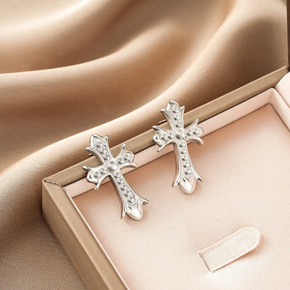 Silver cross earrings with sparkling rhinestones from ins style gold fashion earring collection offering affordable luxury Style 44