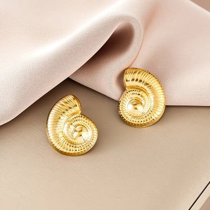 Golden seashell-shaped stud earrings with intricate texture and polished finish from ins style gold fashion earring collection Style 55