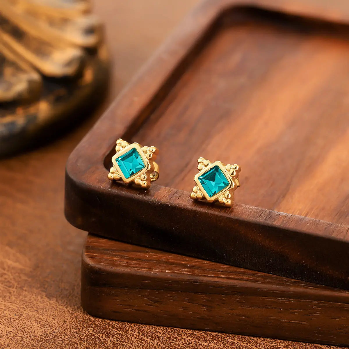 Ins Style gold fashion earring collection featuring gold-toned stud earrings with square-cut turquoise gemstones Style 56