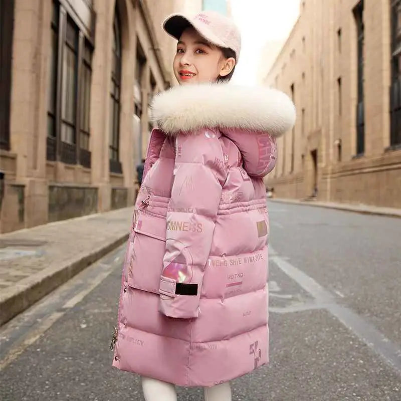 Kids long pink puffer winter coat with down padding and fluffy white fur-lined hood by trend den