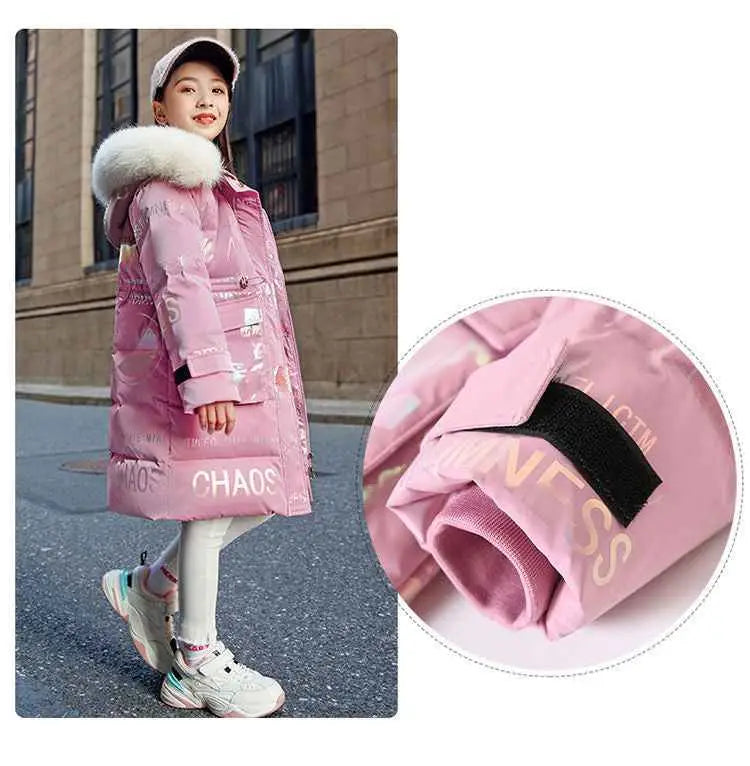 Pink kids long down padded winter coat with white fur-lined hood and gold lettering from trend den