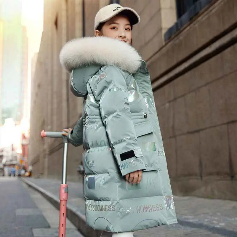 Kids long light green down padded winter coat with fluffy white fur hood and reflective silver lettering trend den style Green
