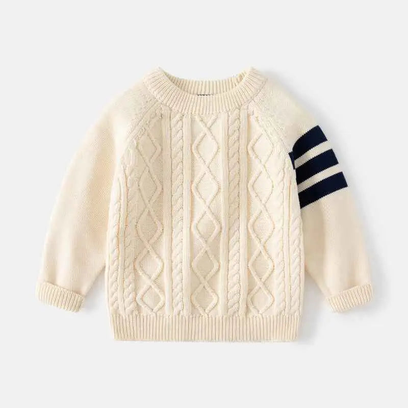 Kids thick cotton pullover sweater in cream with intricate cable knit patterns and navy striped thickened cotton sleeves Creamy white
