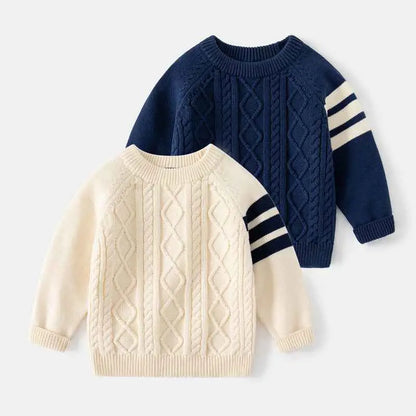 Kids thickened cotton pullover sweater with cream and navy cable-knit and striped sleeves from trend den