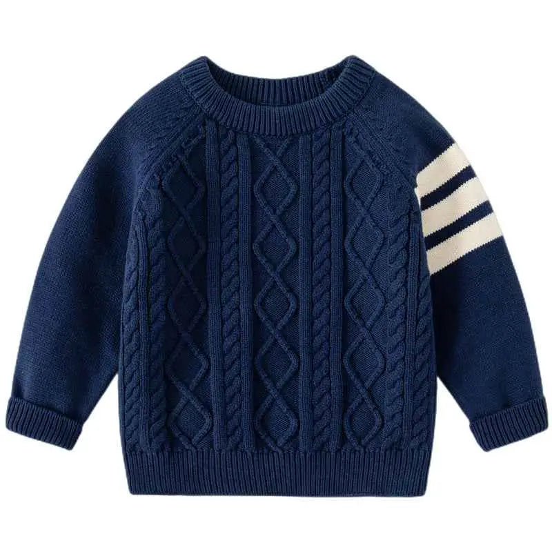 Navy blue kids thickened cotton pullover sweater with cable knit pattern and white stripes on sleeves by trend den