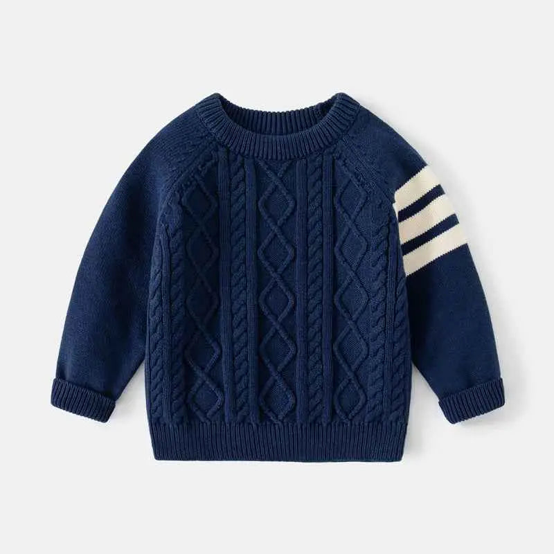 Navy blue cable-knit kids thickened cotton pullover sweater with cream striped sleeves from trend den Navy Blue