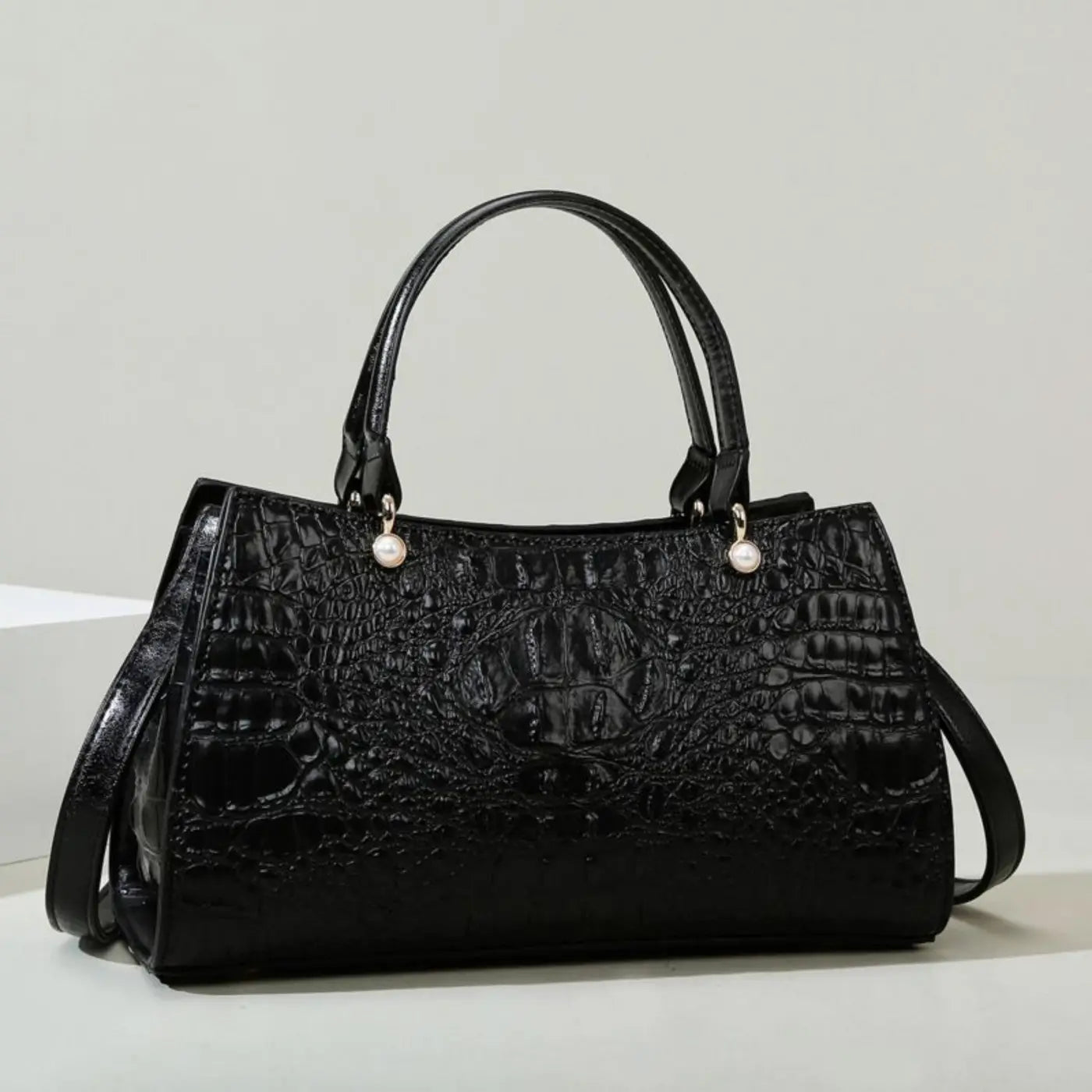 Large Capacity Boston Bag | Crocodile Texture Handheld Purse - Black - large capacity, boston bag, capacity boston, Black