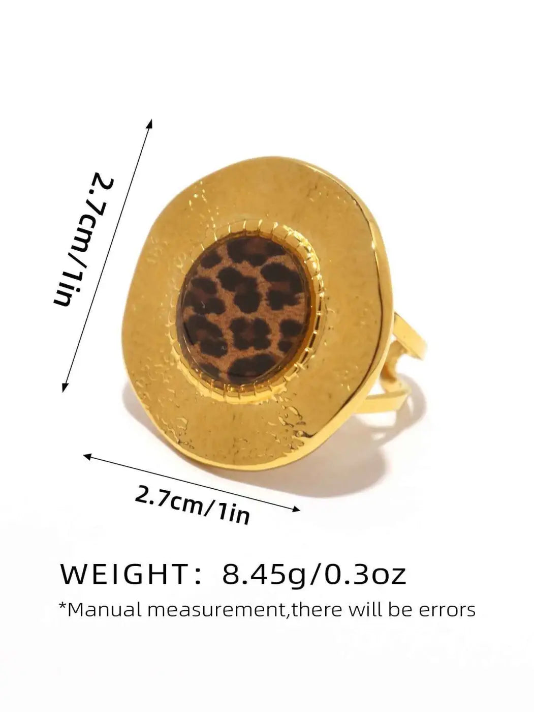 Gold-toned stainless steel leopard print adjustable statement ring with circular textured outer band from trend den 4color