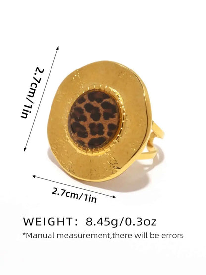 Gold-toned stainless steel leopard print adjustable statement ring with circular textured outer band from trend den 4color