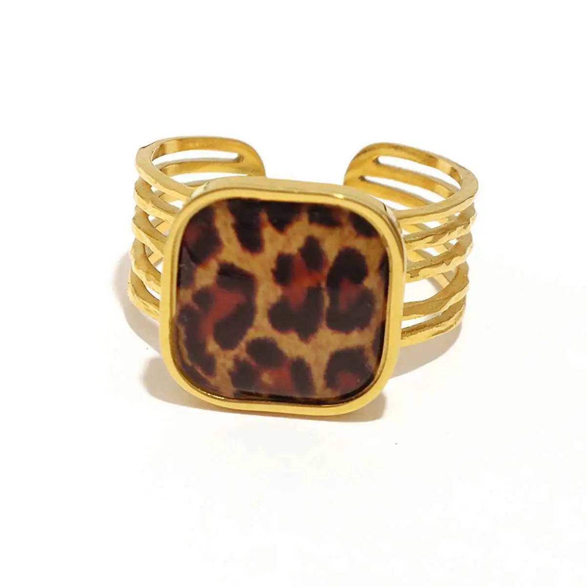 Gold-toned cuff bracelet with a square leopard print inset made of stainless steel from trend den