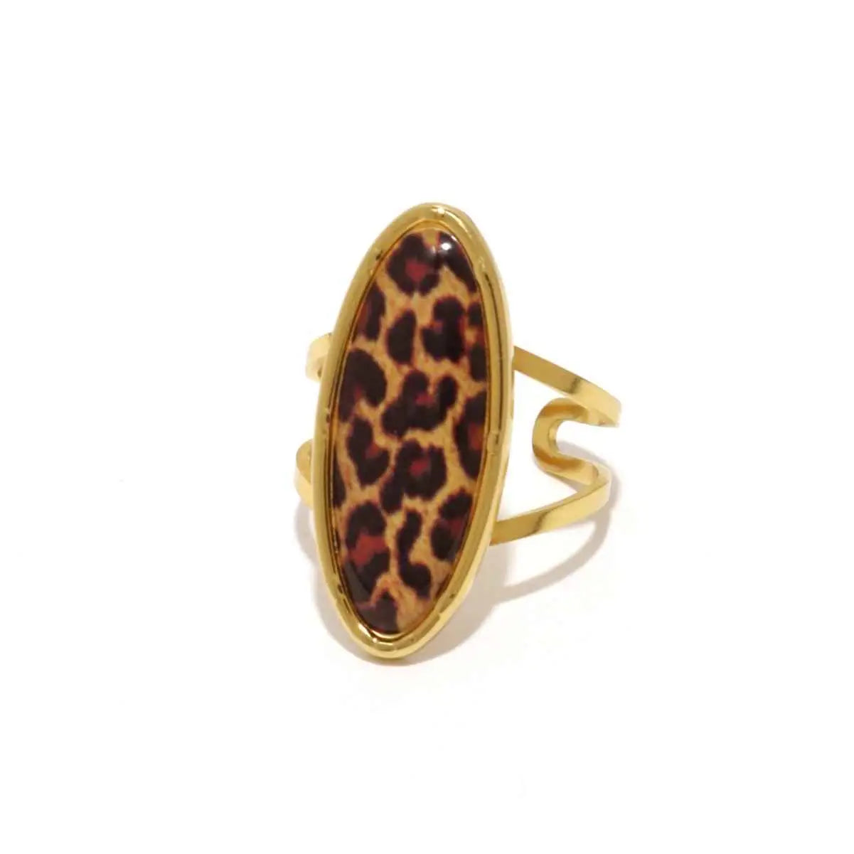 Gold-toned leopard print adjustable statement ring with oval centerpiece made from stainless steel for trend den style