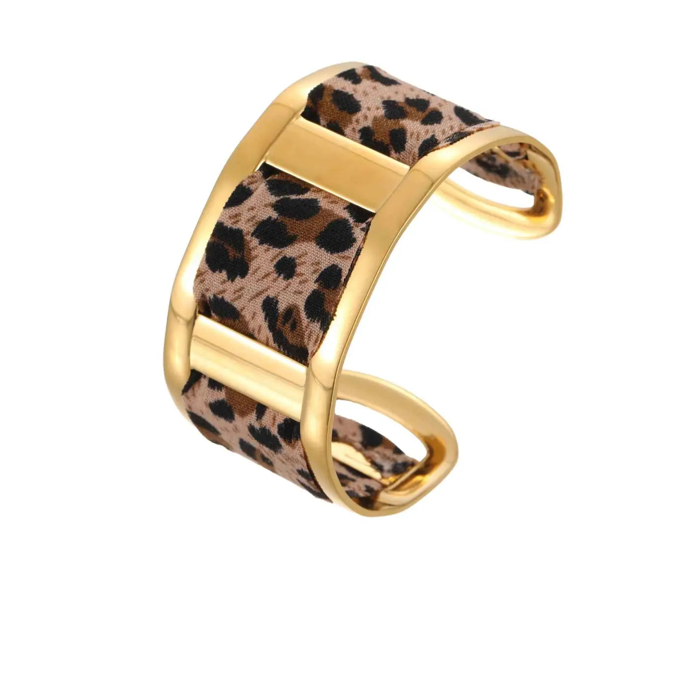 Gold-toned cuff bracelet with leopard ribbon fabric band and sleek metallic accents in a ribbon geometric design