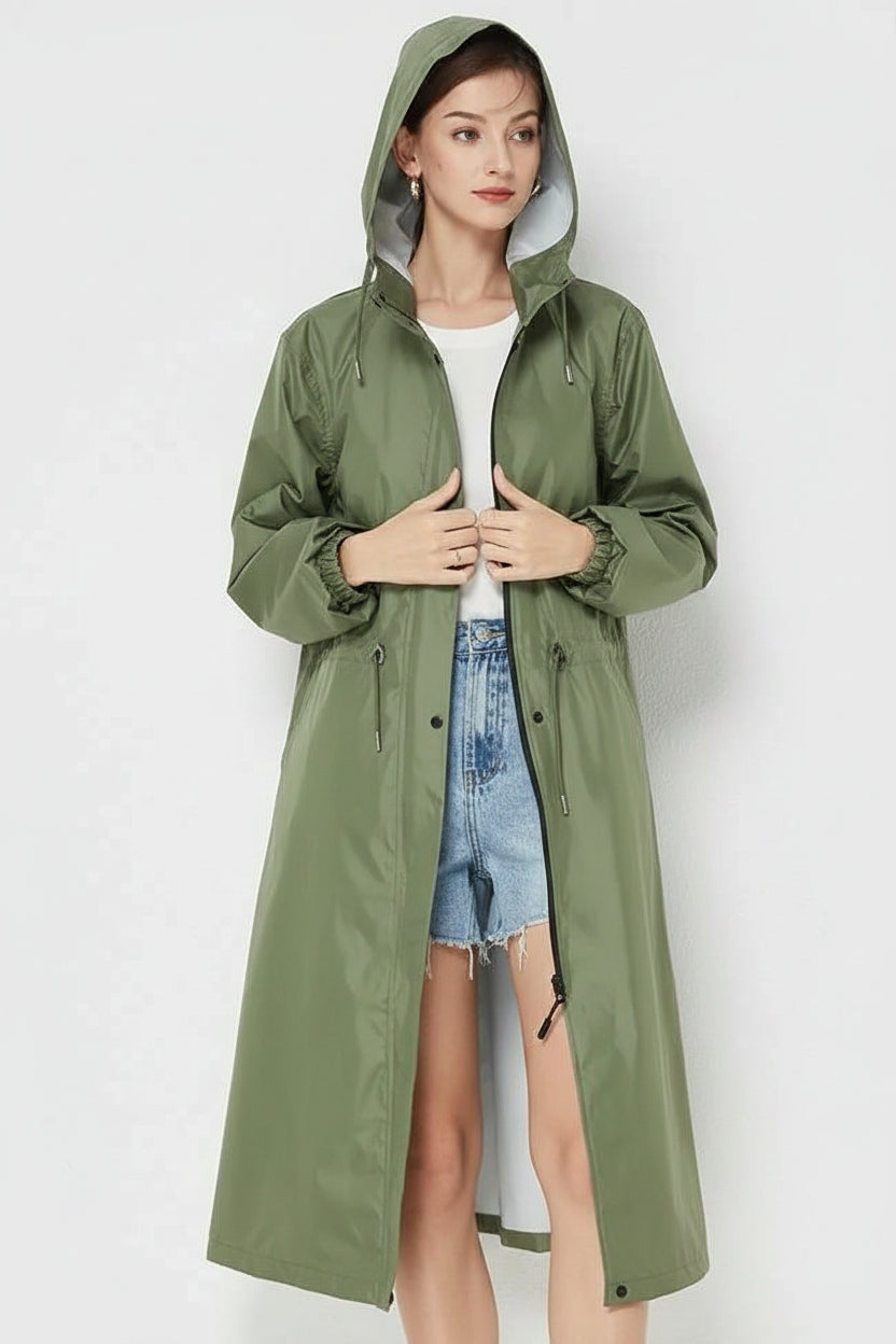 Olive green lightweight fashion trench raincoat with hood and front button closure perfect for rainy days Army Green 2002