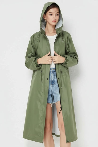 Olive green lightweight fashion trench raincoat with hood and front button closure perfect for rainy days Army Green 2002