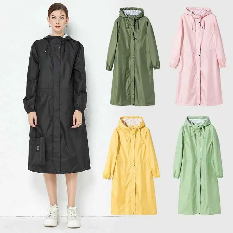 Black waterproof lightweight fashion trench raincoat with hood and front button closure for rainy weather