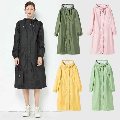 Black waterproof lightweight fashion trench raincoat with hood and front button closure for rainy weather