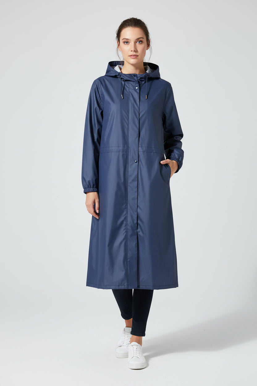 Navy blue lightweight fashion trench raincoat with hood elastic cuffs and waterproof material for rainy weather