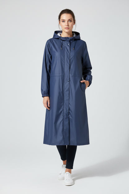 Navy blue lightweight fashion trench raincoat with hood elastic cuffs and waterproof material for rainy weather