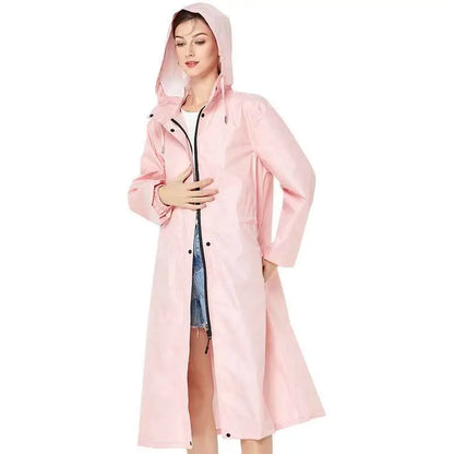 Pink lightweight fashion trench raincoat with long sleeves hood and black zipper accents for stylish rain protection