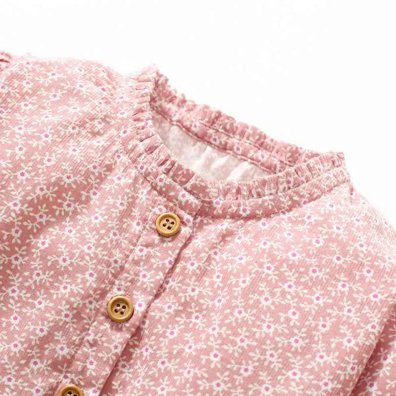 Little maven girls cotton princess dress with delicate pink blouse, floral pattern, wooden buttons, and ruffled neckline