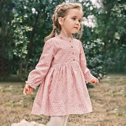 Little maven girls cotton princess dress pink floral patterned long-sleeved high neckline with button closure