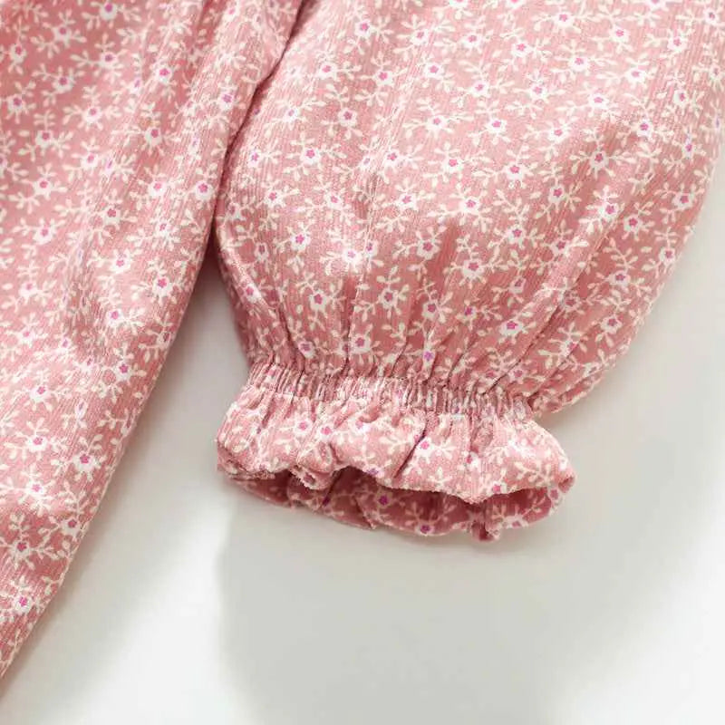Pink floral-patterned cotton princess dress with ruffled elastic cuffs for little girls by little maven
